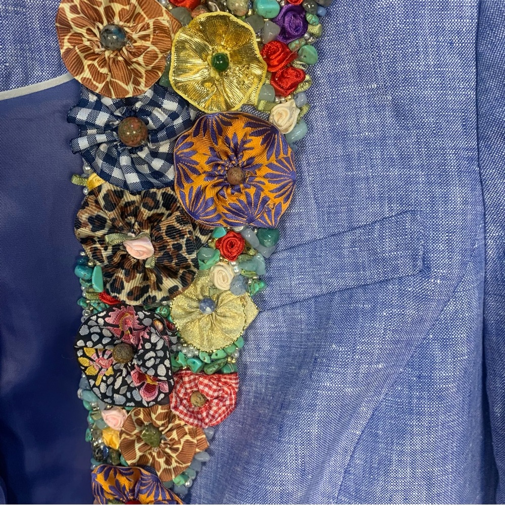 Talbots 100% Linen Embellished Appliqué Detail Lapels Stones Beading Roses - Picture 10 of 11